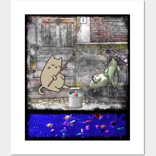 Snoozing Fisherman Cat - Whimsical Cartoon Design Posters and Art